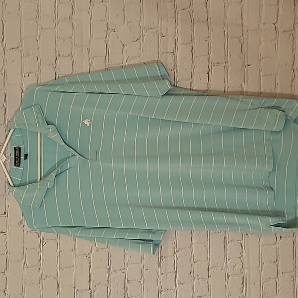 Peter Millar size Large Summer Comfort Aqua White Striped Golf Shirt Flaw
